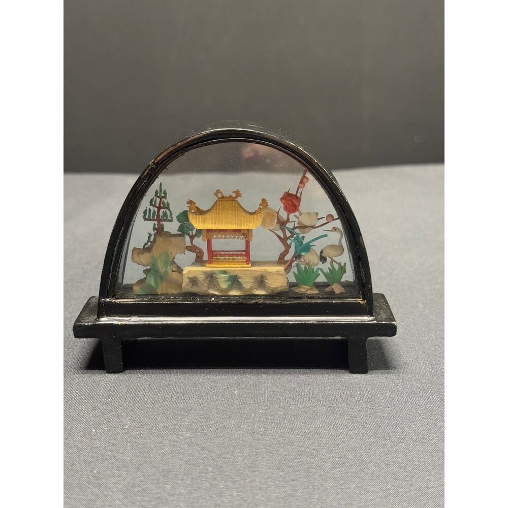 Vintage Chinese Cork Art SAN YOU 3D Diorama | Hand-Carved Black Lacquer Frame